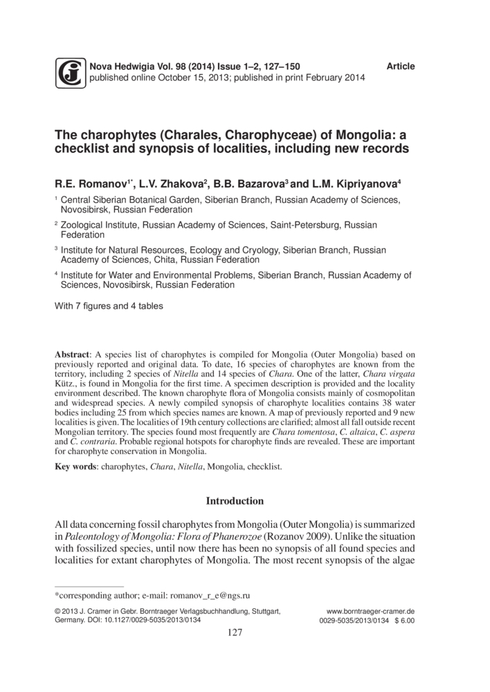 The Charophytes Charales Charophyceae Of Mongolia A Checklist